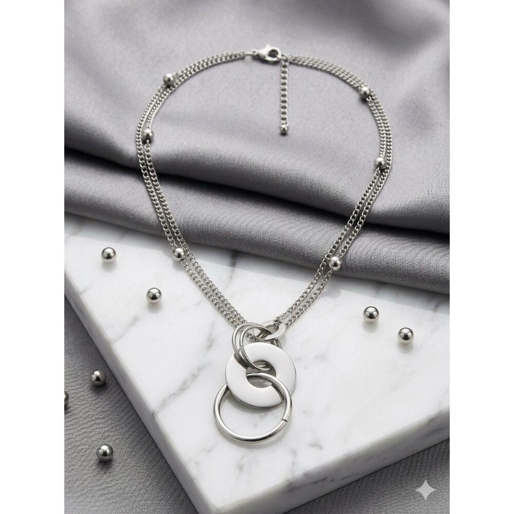 Silver-Tone Station Bead and Interlocking Ring Pendant Necklace
